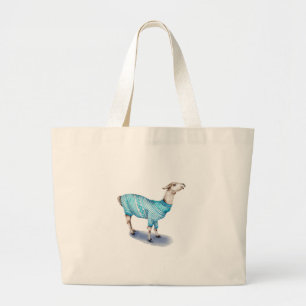 Waterverf Llama in blauwe trui Grote Tote Bag