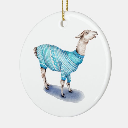 Waterverf Llama in blauwe trui Keramisch Ornament (Links)