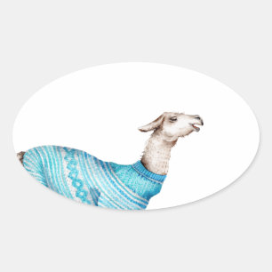 Waterverf Llama in blauwe trui Ovale Sticker