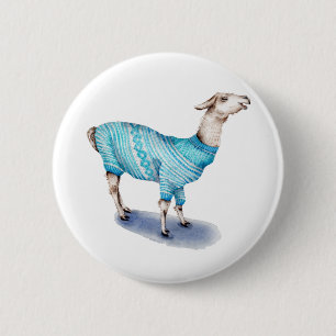 Waterverf Llama in blauwe trui Ronde Button 5,7 Cm