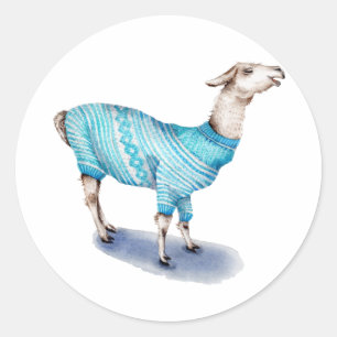 Waterverf Llama in blauwe trui Ronde Sticker
