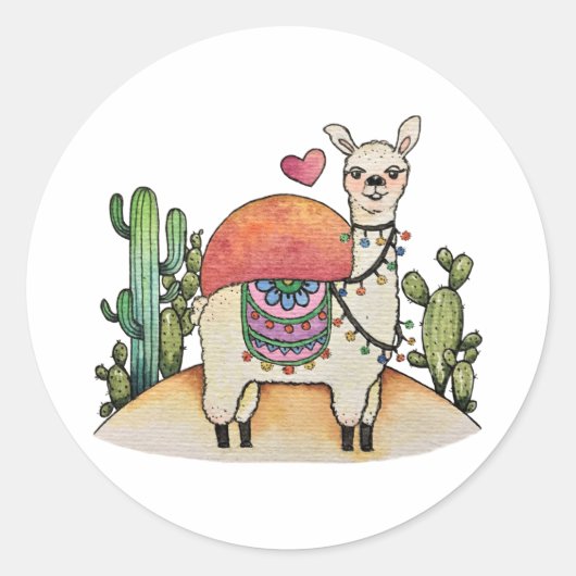 Waterverf Llama met cactus Ronde Sticker (Voorkant)