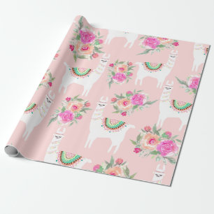 Waterverf Llama op koraalroze Cadeaupapier