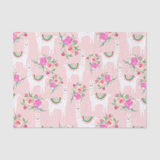 Waterverf Llama's op koraalroze Tissuepapier (Voorkant)