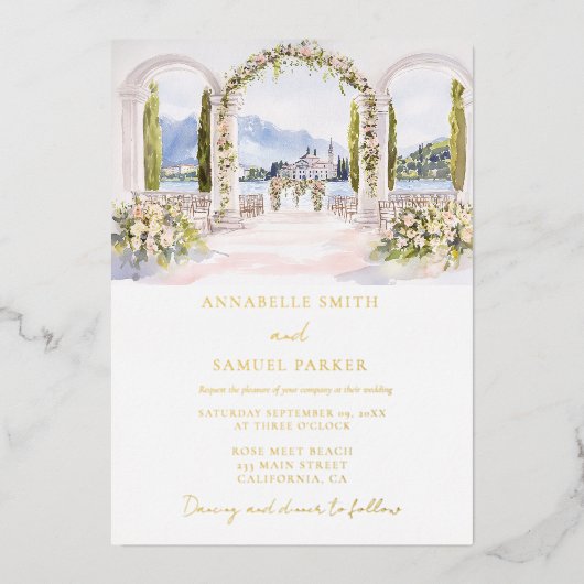 Waterverf Locatie Illustratie Huwelijk Folie Uitnodiging (Voorkant)