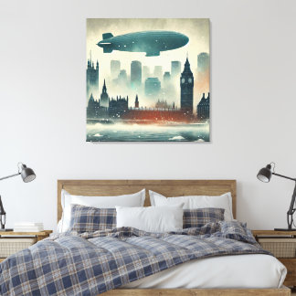 Waterverf Londen Skyline met Diriible Canvas Afdruk