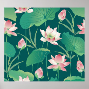 Waterverf lotus: naadloze bloemetjes. poster