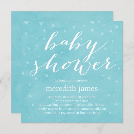 Waterverf Love Baby shower Invitation - Blauw Kaart (Voorkant / Achterkant)