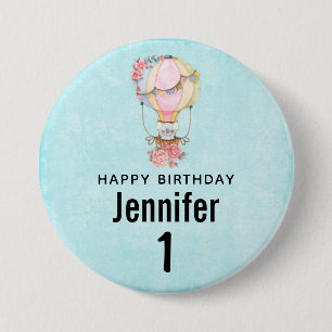 Waterverf luchtballon Cute Hot Air Birthday Ronde Button 7,6 Cm