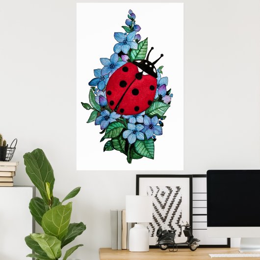 Waterverf luivogel met blauwe wilde bloemen poster (Thuiskantoor)