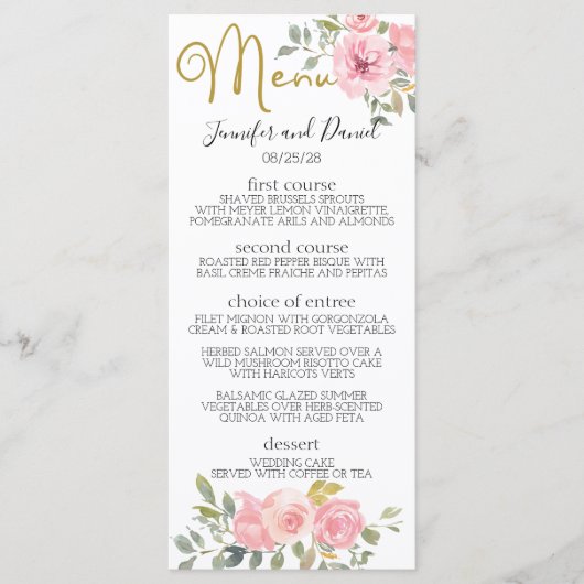 Waterverf Lush Blush Pink Floral Wedding Menu (Voorkant)