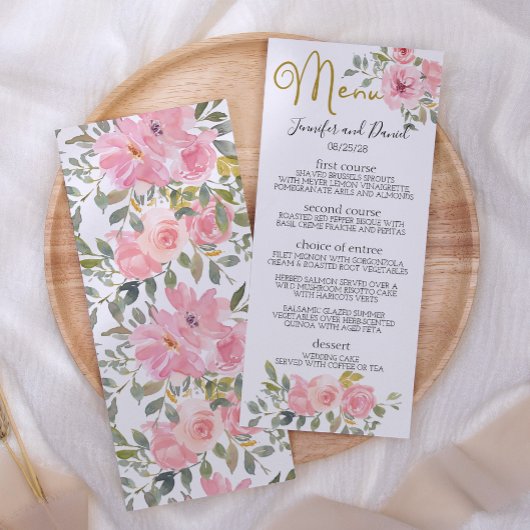 Waterverf Lush Blush Pink Floral Wedding Menu