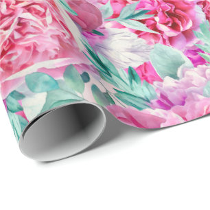 Waterverf Lush Pink Peonies & Green Blauwgroen Lea Cadeaupapier