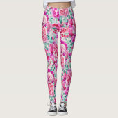 Waterverf Lush Pink Peonies & Green Blauwgroen Lea Leggings (Voorkant)