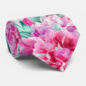 Waterverf Lush Pink Peonies & Green Blauwgroen Lea Stropdas (Opgerold)