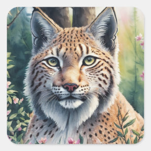 Waterverf Lynx Artwork Floral Feline Vierkante Sticker