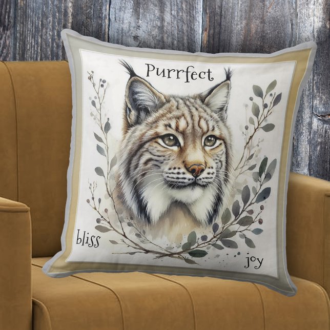 Waterverf Lynx Big Cat Kussen (Pillow featuring a modern watercolor painting of a lynx with some vegetation - big cat - cat lover)