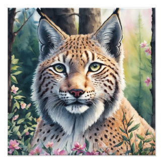 Waterverf Lynx Bloemen Kunstwerk Foto Afdruk
