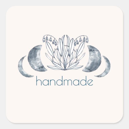 Waterverf maanfase & botanische kunst blauw-grijs vierkante sticker (Voorkant)
