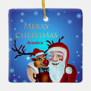 Waterverf Magical Santa Claus Smiling Rudolph Keramisch Ornament