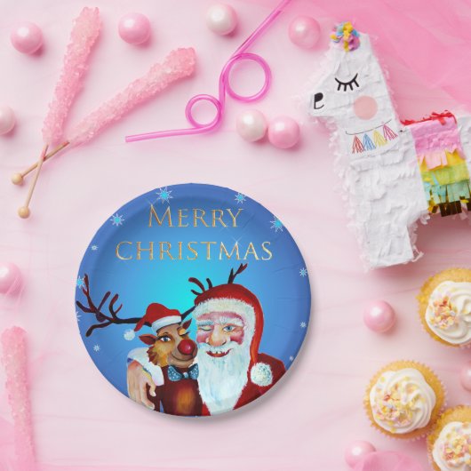Waterverf Magical Santa Claus Smiling Rudolph Papieren Bordje (Feest)