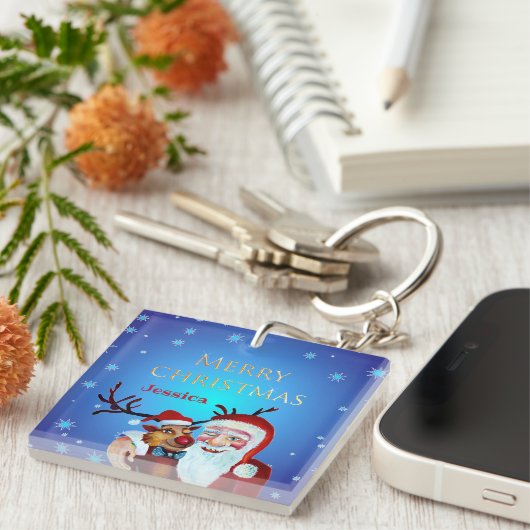 Waterverf Magical Santa Claus Smiling Rudolph Sleutelhanger (Voorkant Rechts)