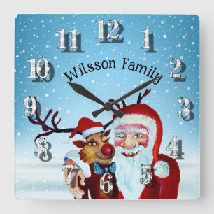 Waterverf Magical Santa Claus Smiling Rudolph Vierkante Klok