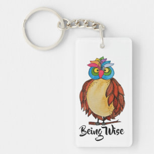 Waterverf Magische Owl met regenboogveren Sleutelhanger