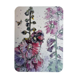 Waterverf Magnet Pink Hollyhock Floral Flowers Magneet
