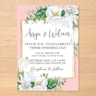 Waterverf Magnolia Blush Wedding Acryl Uitnodigingen