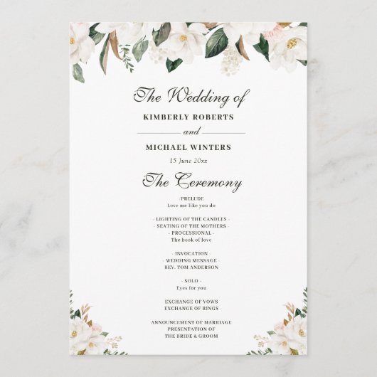 Waterverf magnolia floral bruiloft programma (Voorkant)