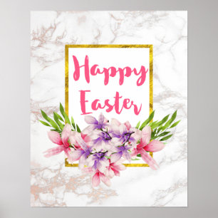 Waterverf Magnolia Florals op White Marble Easter Poster