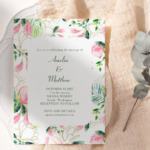 Waterverf Magnolia Flower Pink Gold Wedding Kaart