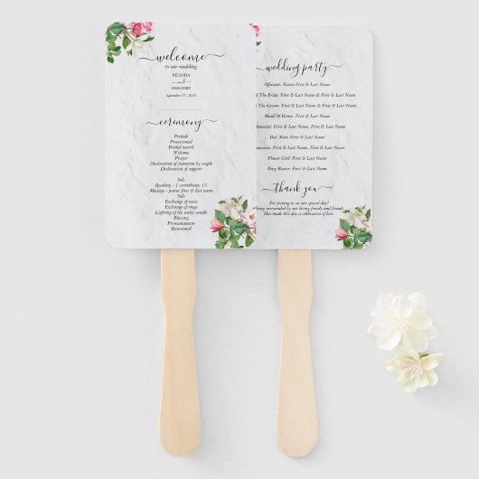 Waterverf Magnolia Flowers Wedding Programme Handwaaier (Voorkant en achterkant)