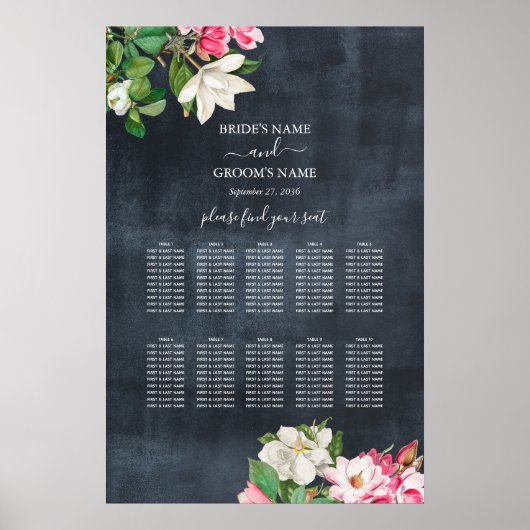 Waterverf Magnolia Flowers Wedding Seating Chart Poster (Voorkant)