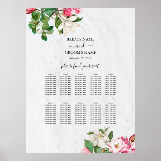 Waterverf Magnolia Flowers Wedding Seating Chart Poster (Voorkant)