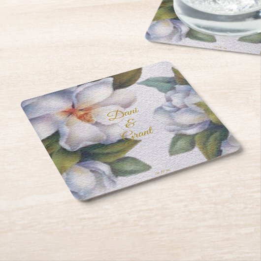 Waterverf Magnolia Gold Script Custom Wedding Vierkante Kartonnen Onderzetter (Schuin)