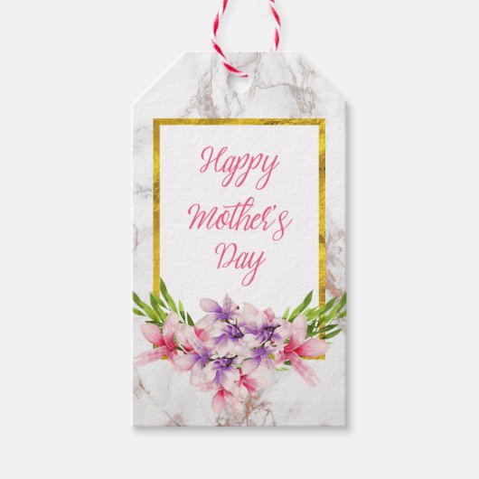 Waterverf Magnolia over de Moederdag Marble Textur Cadeaulabel (Voorkant)