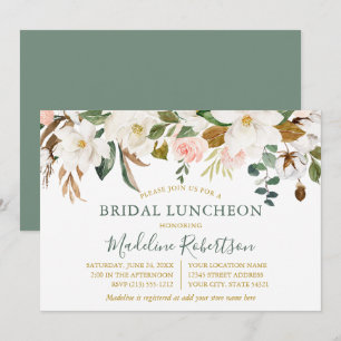 Waterverf Magnolia Rozen Bruids Lunch Sage Groen Kaart