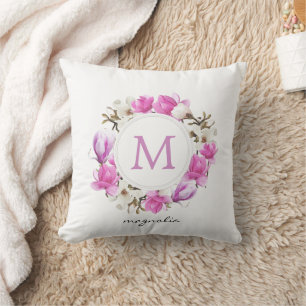 Waterverf Magnolia Wreath Monogram Kussen