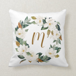 Waterverf Magnolia Wreath Monogram Kussen
