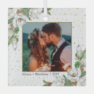 Waterverf Magnolias Couple's Wedding Dated Glas Ornament