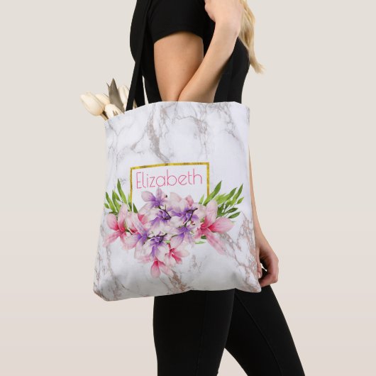 Waterverf Magnolias, Faux Marble Texture Custom Tote Bag (Dichtbij)