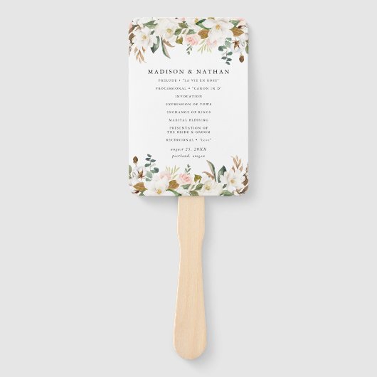 Waterverf Magnolias gepersonaliseerd bruiloft prog Handwaaier (Voorkant)