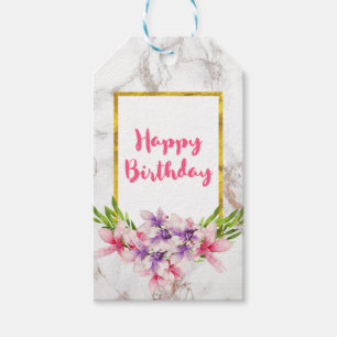 Waterverf Magnolias op Faux Marble Birthday Cadeaulabel