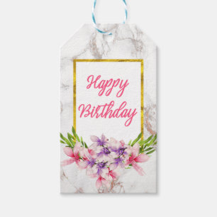 Waterverf Magnolias op Faux Marble Birthday Cadeaulabel