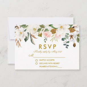 Waterverf Magnolias Rozen Floral Gold Wedding RSVP Kaartje