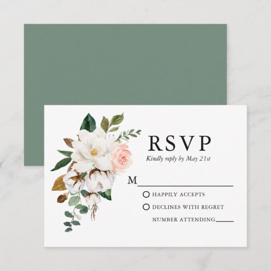 Waterverf Magnolias Rozen Sage Green RSVP Kaartje (Voorkant / Achterkant)