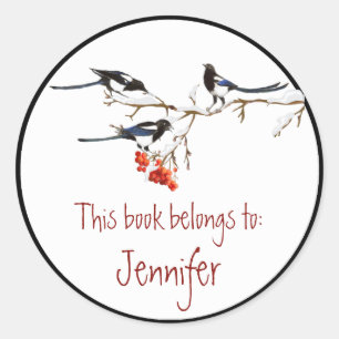 Waterverf Magpie Birds Natuur Library Book Bord Ronde Sticker