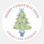 Waterverf Mahjong Kerstboom Gift Ronde Sticker (Voorkant)